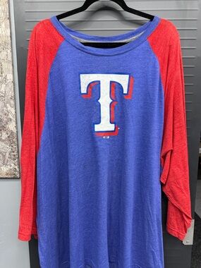 Fanatics Long Sleeve Raglan Tee in Blue and Red with White Logo